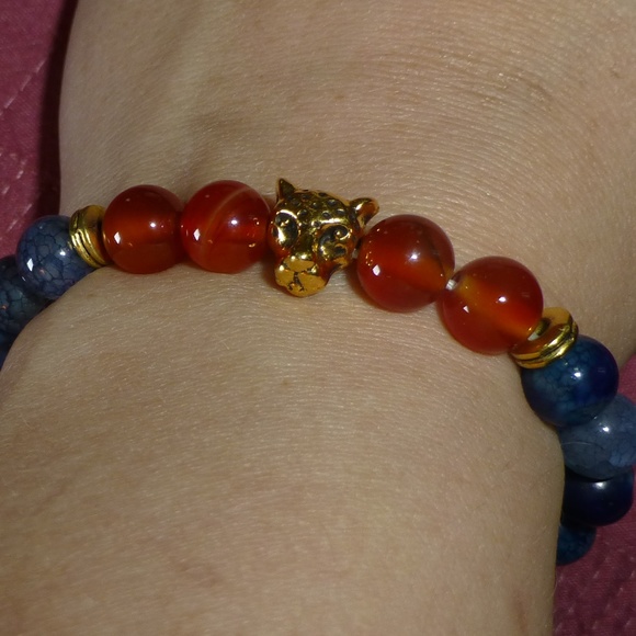 Gold Leopard Head Stone Bead Stretch Bracelet New - Picture 2 of 8